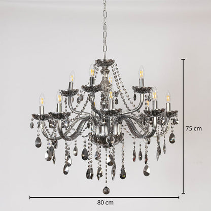 Smoky crystal chandelier with silver finish shown with 80 cm width and 75 cm height for luxury decorative use.