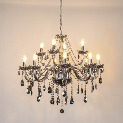 Black crystal chandelier with sparkling crystal accents and warm candle bulbs offering elegant ambient lighting for interiors.