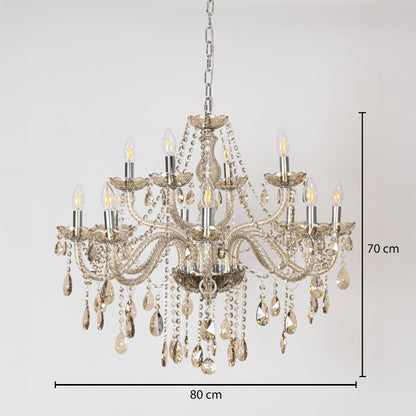 Golden chandelier with crystal accents shown with 80 cm width and 70 cm height for luxury decorative lighting.