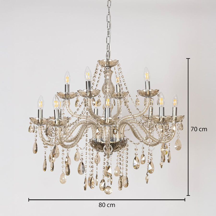 Golden chandelier with crystal accents shown with 80 cm width and 70 cm height for luxury decorative lighting.