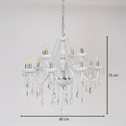 White chandelier with measurements 75 cm height and 80 cm width showing crystal design on plain white background.