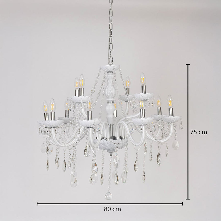 White chandelier with measurements 75 cm height and 80 cm width showing crystal design on plain white background.