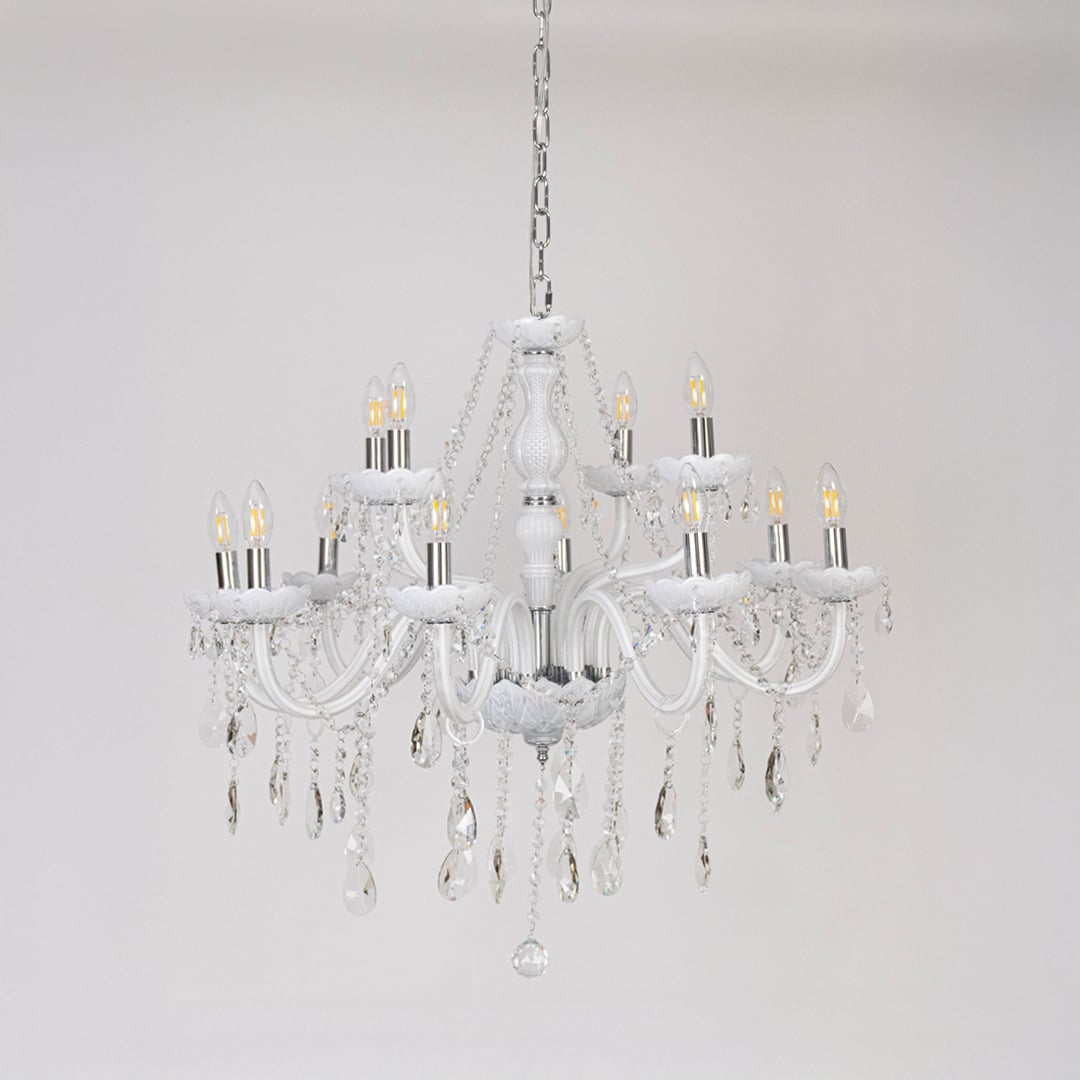 White chandelier with lights off featuring decorative glass body and crystal accents on plain white background.