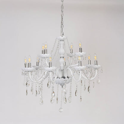 White chandelier with lights off featuring decorative glass body and crystal accents on plain white background.