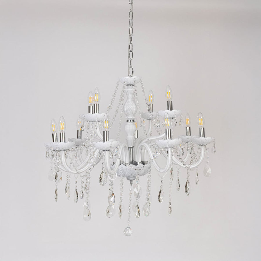 White chandelier with lights off featuring decorative glass body and crystal accents on plain white background.