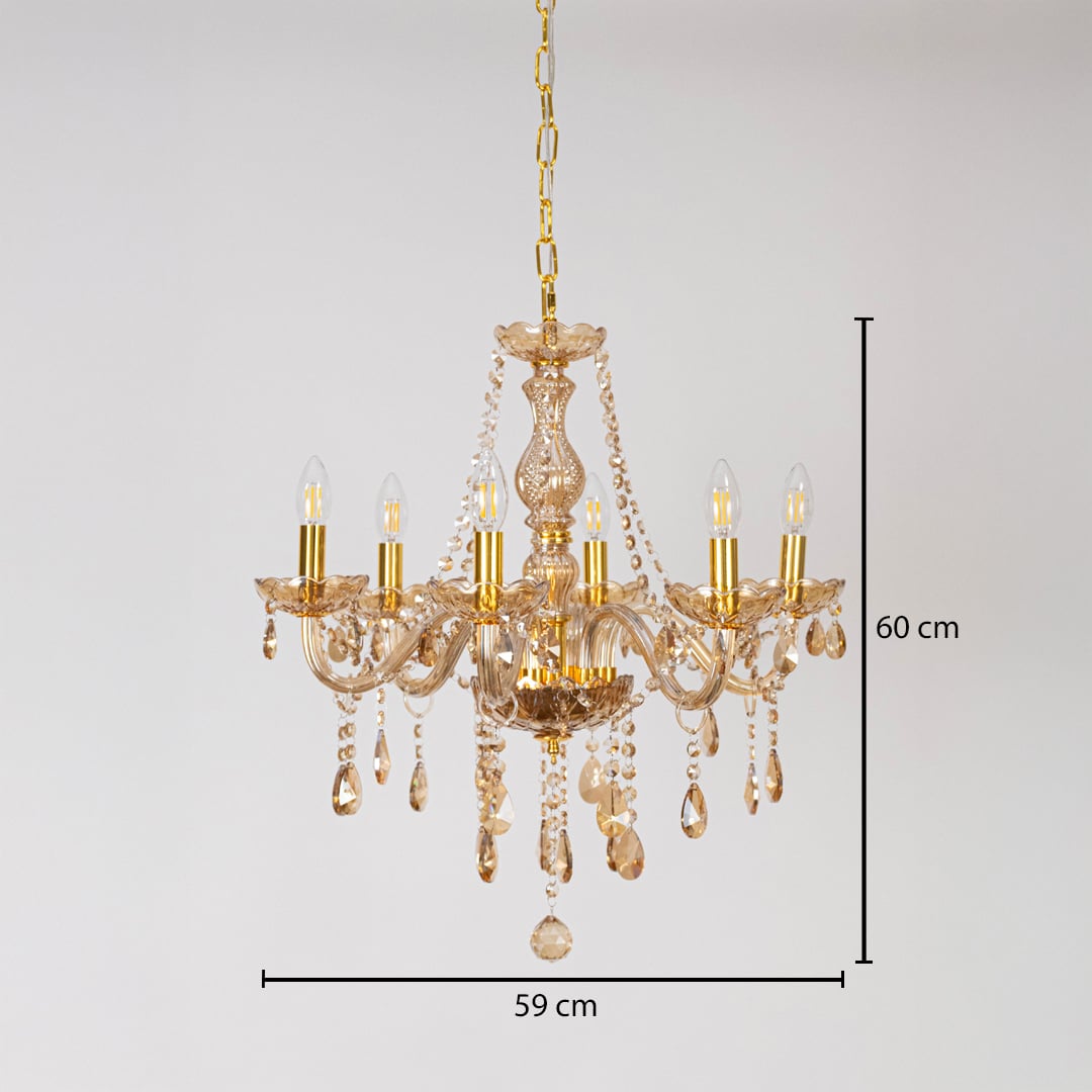 Golden chandelier with crystal detailing shown with 59 cm width and 60 cm height for decorative luxury lighting.