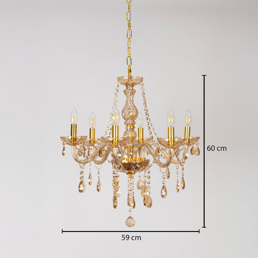 Golden chandelier with crystal detailing shown with 59 cm width and 60 cm height for decorative luxury lighting.