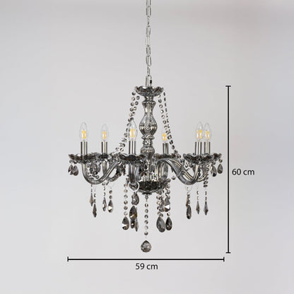 Smoky grey chandelier with crystal detailing shown with 59 cm width and 60 cm height for stylish decorative use.