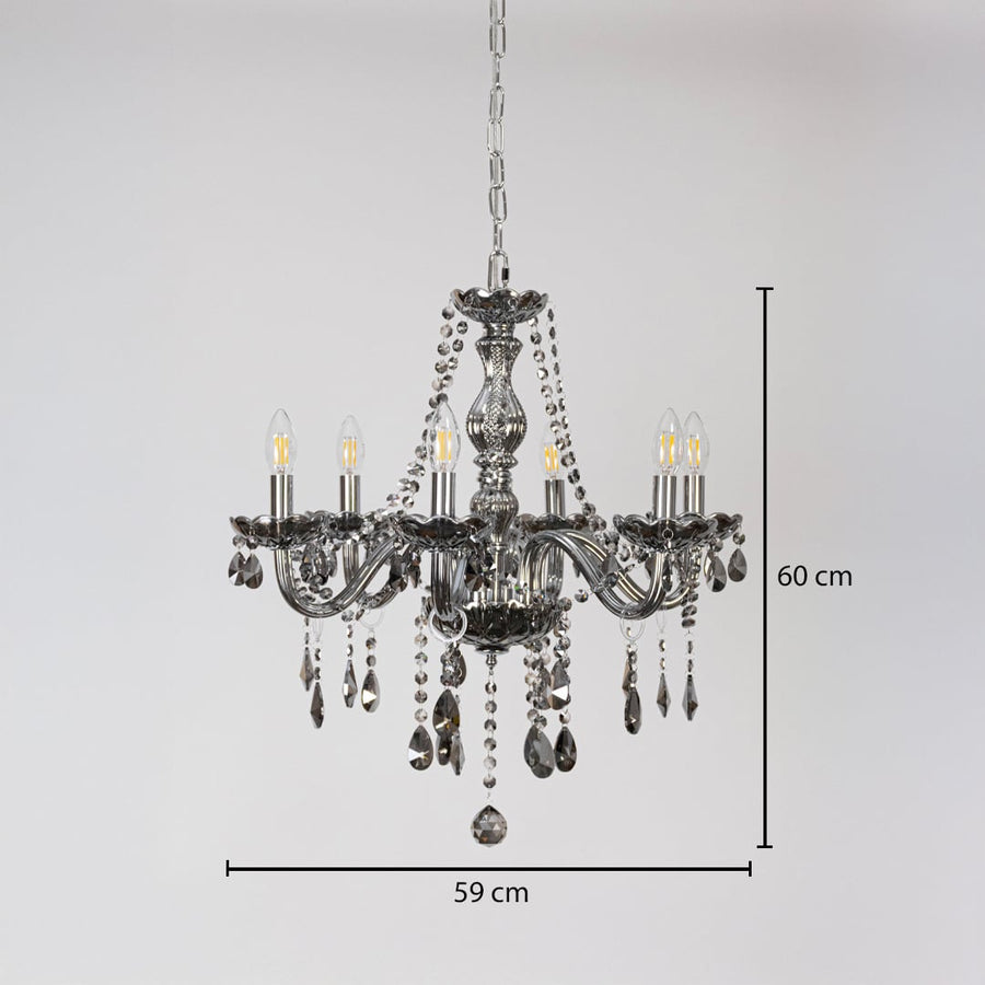Smoky grey chandelier with crystal detailing shown with 59 cm width and 60 cm height for stylish decorative use.