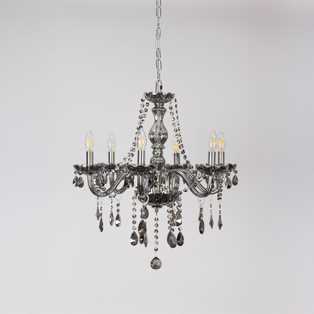 Classic grey chandelier with crystal droplets displayed off on white background for stylish home lighting decor.