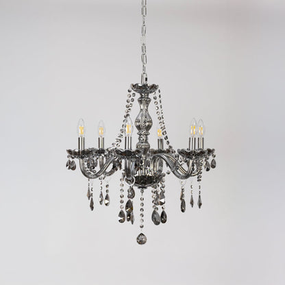 Classic grey chandelier with crystal droplets displayed off on white background for stylish home lighting decor.