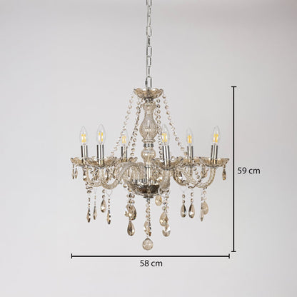 Golden crystal chandelier with elegant design shown with 58 cm width and 59 cm height for luxury home lighting.