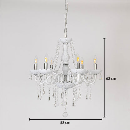 White chandelier with crystal accents shown with 58 cm width and 62 cm height for stylish decorative home lighting.