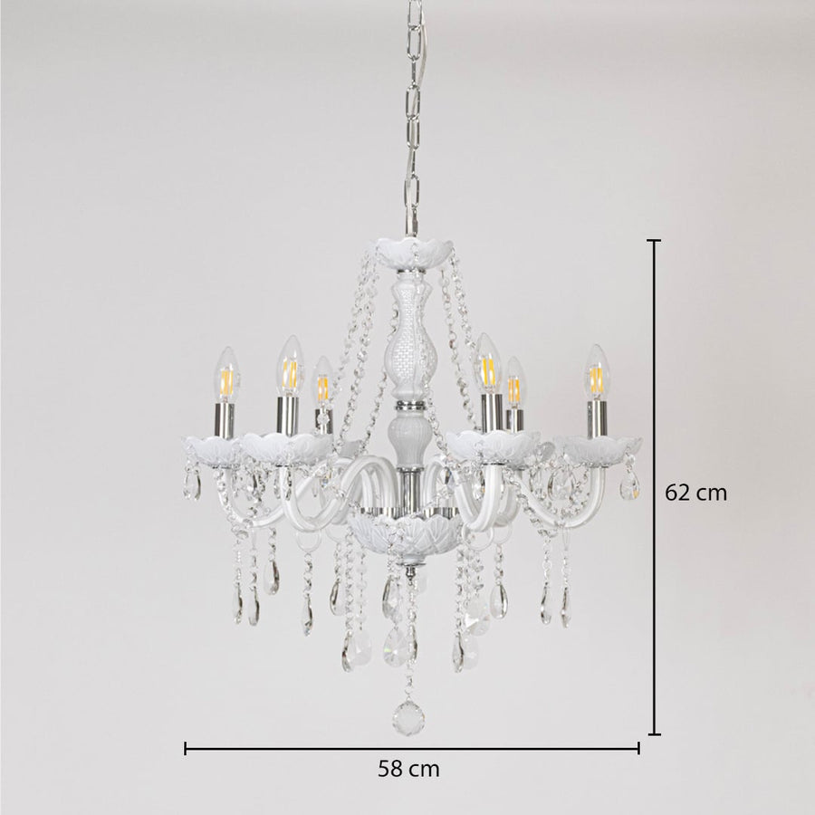 White chandelier with crystal accents shown with 58 cm width and 62 cm height for stylish decorative home lighting.