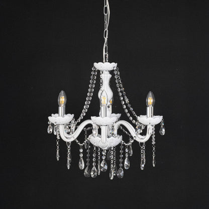White chandelier with crystal droplets displayed off against black background for stylish luxury decorative style.