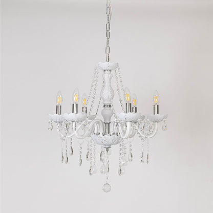 Classic white chandelier with crystal accents displayed off on white background for modern luxury home lighting.