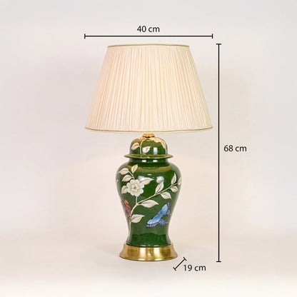 Green ceramic table lamp showing 68 cm height 40 cm shade width and 19 cm base size suitable for bedside placement.