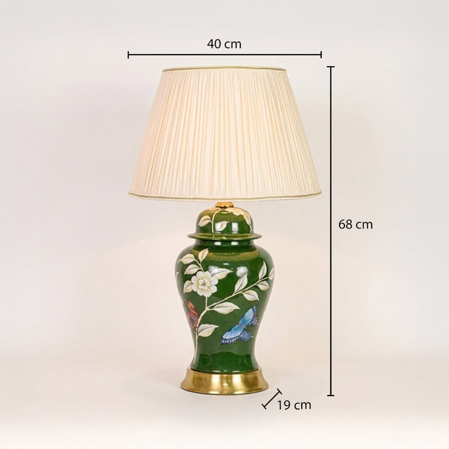 Green ceramic table lamp showing 68 cm height 40 cm shade width and 19 cm base size suitable for bedside placement.