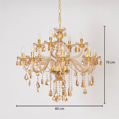 Golden chandelier with measurements 70 cm height and 80 cm width showing crystal design on white background.