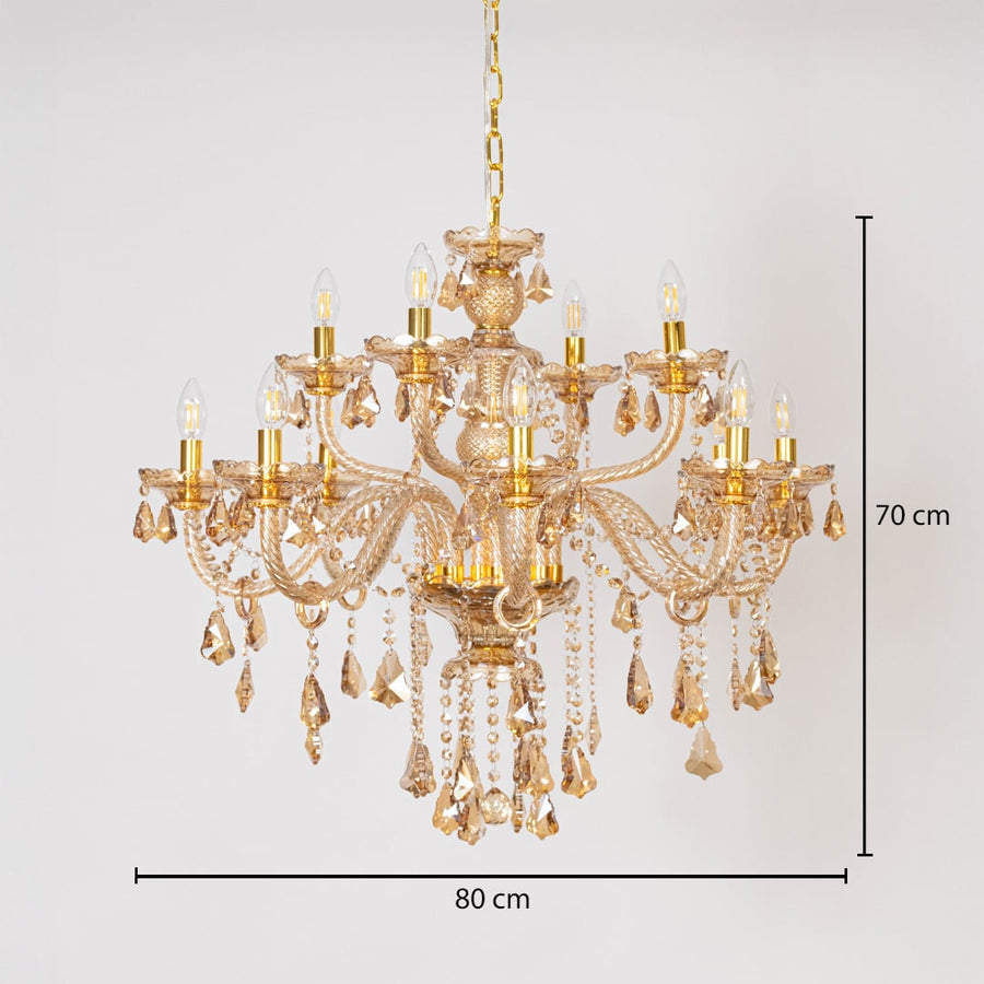 Golden chandelier with measurements 70 cm height and 80 cm width showing crystal design on white background.