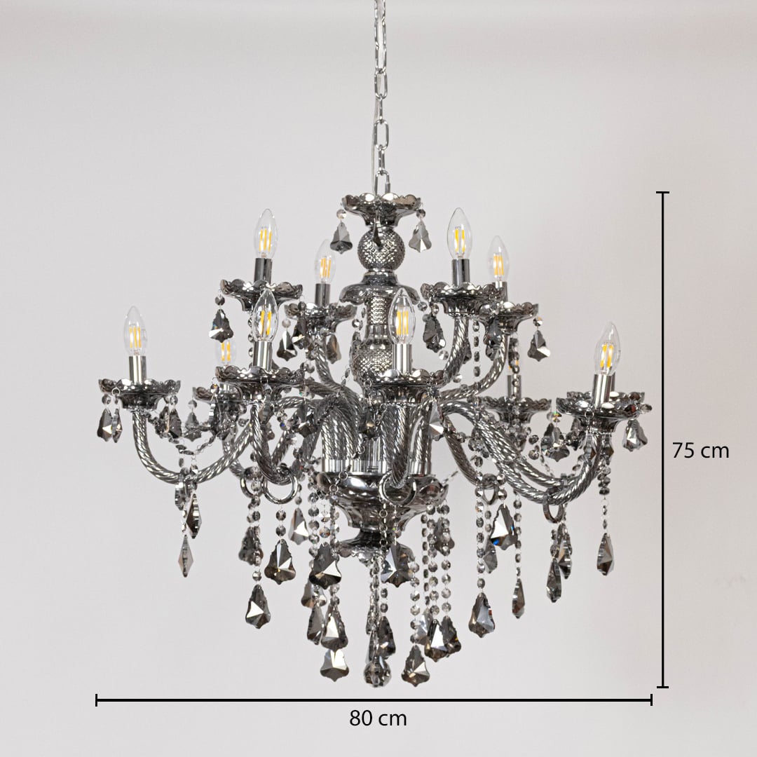 Black chandelier with measurements 75 cm height and 80 cm width showing crystal hanging design on white background.