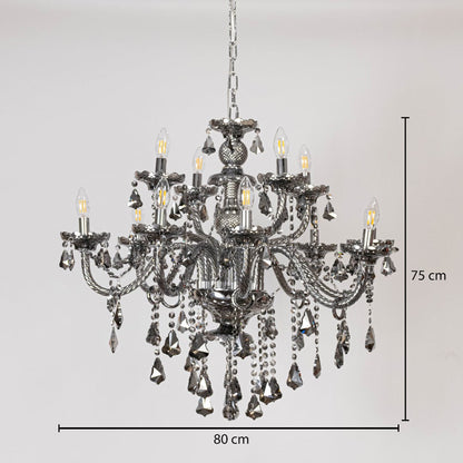 Black chandelier with measurements 75 cm height and 80 cm width showing crystal hanging design on white background.