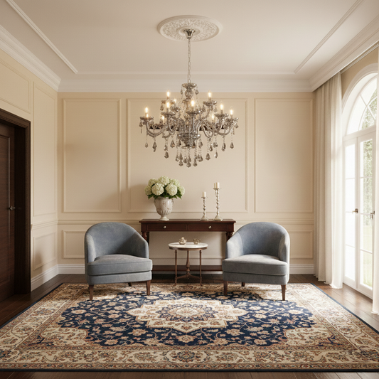 Black crystal chandelier with shimmering crystal accents creating sophisticated ambient lighting in an elegant living room.