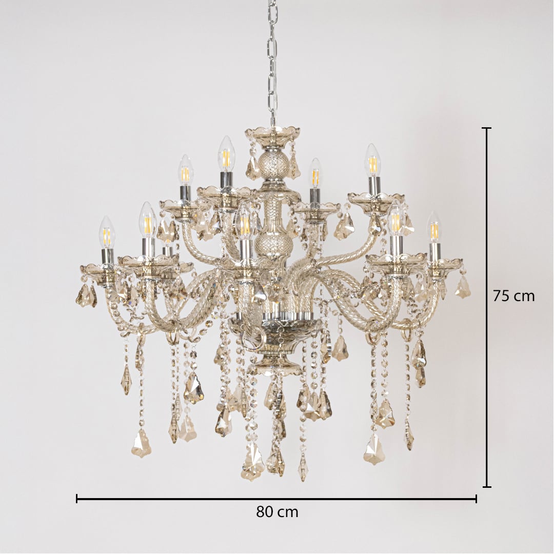 Chandelier with measurements 75 cm height and 80 cm width showing crystal design on white background.