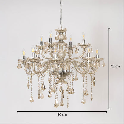 Chandelier with measurements 75 cm height and 80 cm width showing crystal design on white background.