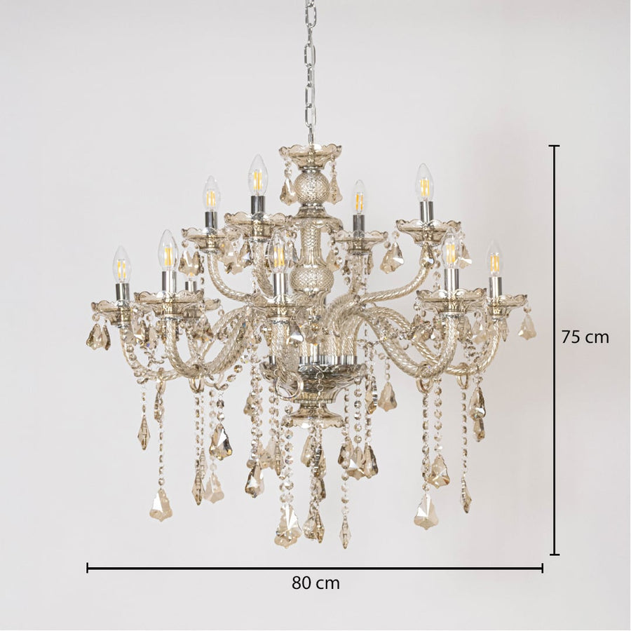 Chandelier with measurements 75 cm height and 80 cm width showing crystal design on white background.