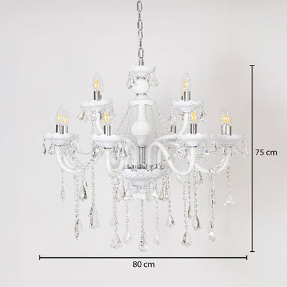 White chandelier with measurements 75 cm height and 80 cm width showing crystal hanging design on white background.