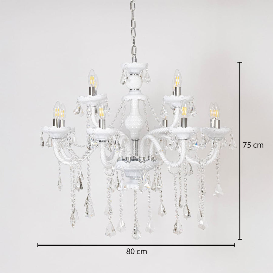 White chandelier with measurements 75 cm height and 80 cm width showing crystal hanging design on white background.