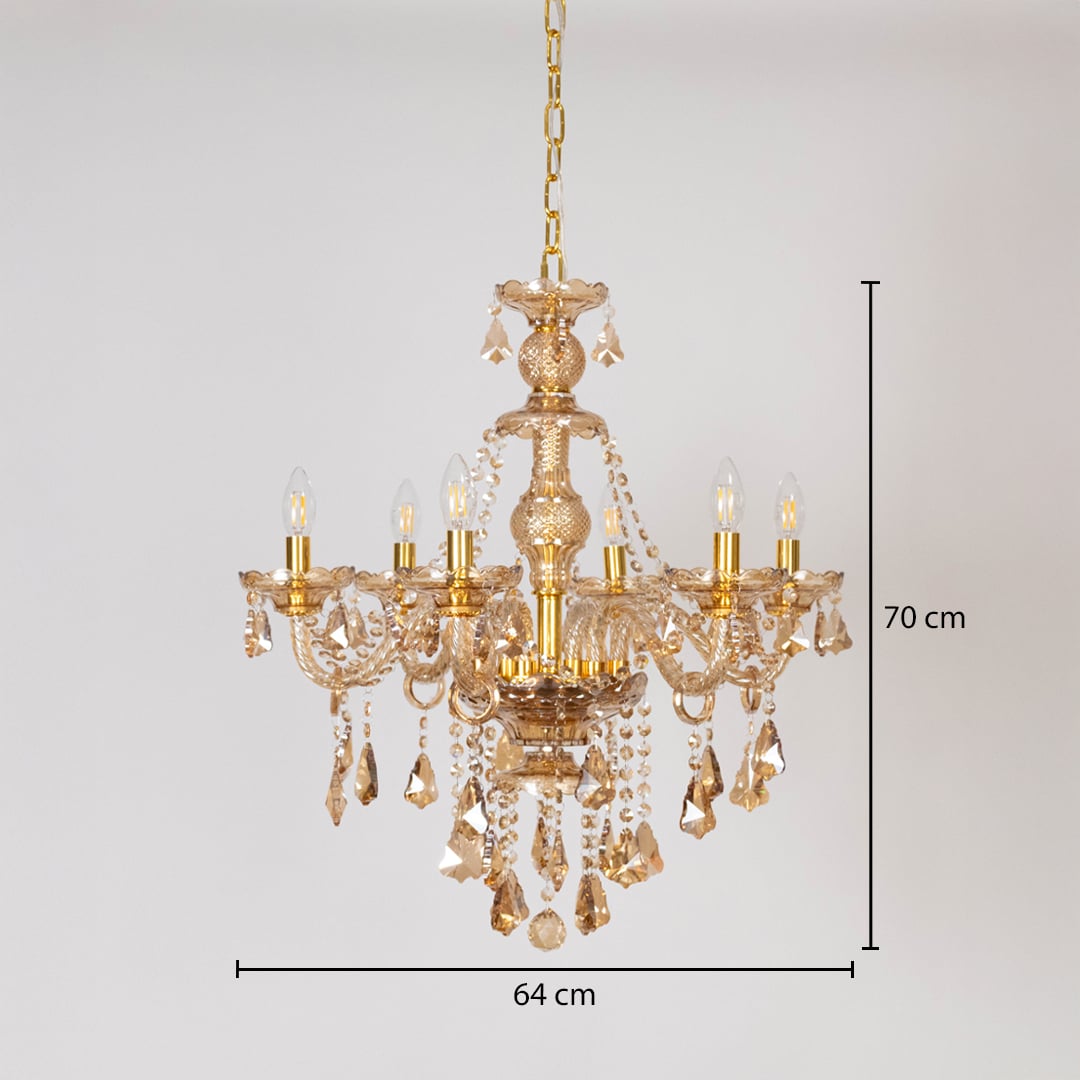 Crystal-chandelier size chart showing height 70 cm and width 64 cm for accurate fitting.