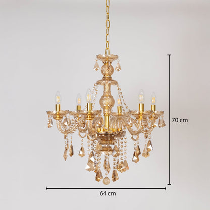 Crystal-chandelier size chart showing height 70 cm and width 64 cm for accurate fitting.