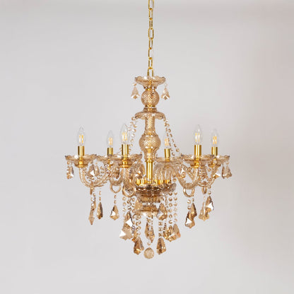 Crystal-chandelier decorative ceiling light turned off on white background.