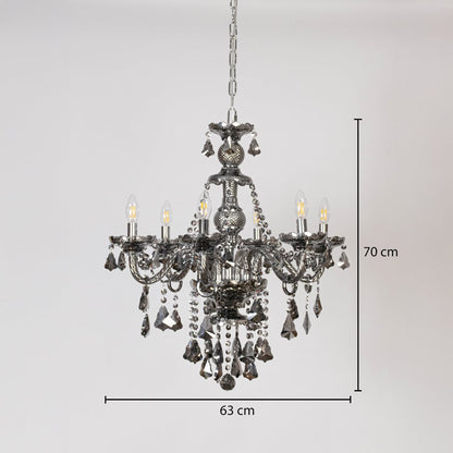 Chandelier with detailed dimensions 70 cm height and 63 cm width shown with crystals and metal arms.