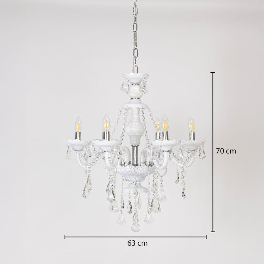 Chandelier with measurements 70 cm height and 63 cm width showing crystal hanging design on white background.