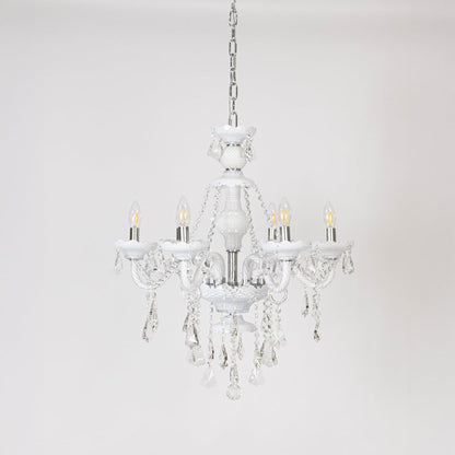 Chandelier with lights off showcasing crystal and glass frame design on plain white background for home interiors.