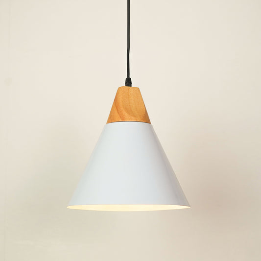 A modern cone-shaped pendant light with a white metal shade and a natural light wood accent at the top, suspended by a black cord against a warm off-white background.