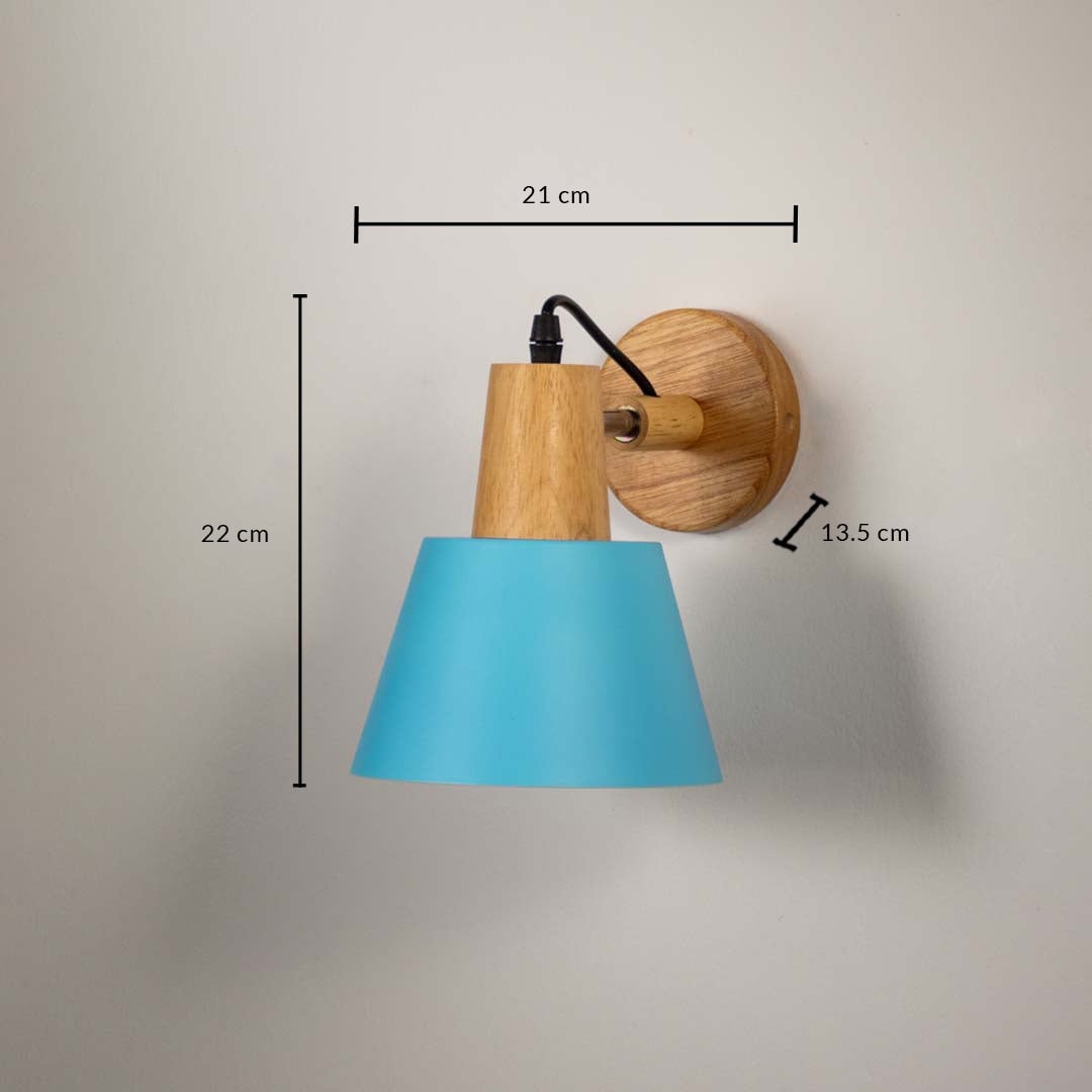 Blue fabric shade wall light with wooden backplate showing 18 cm height 20 cm width and 12 cm projection suitable for bedside wall lighting.