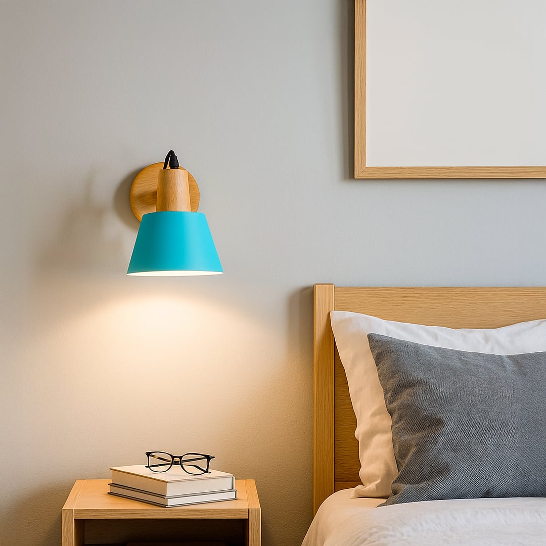Wall mounted bedside light with turquoise shade and wooden base creating a warm reading glow beside a modern bed and nightstand in a calm minimalist bedroom setting.