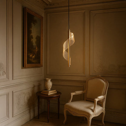 Gold spiral pendant light glowing above classic armchair creating a warm and luxurious ambience in vintage living room.