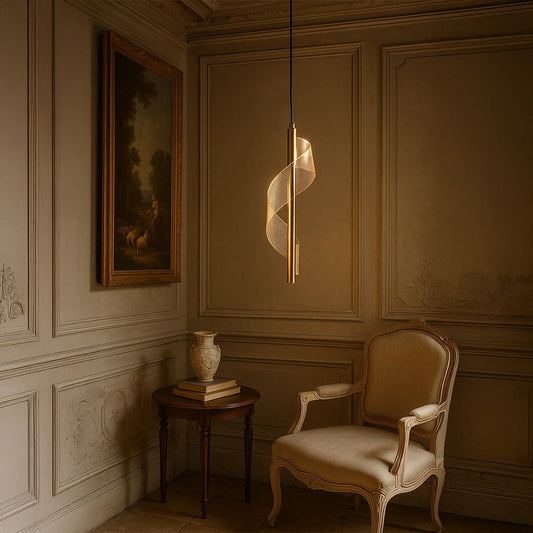Gold spiral pendant light glowing above classic armchair creating a warm and luxurious ambience in vintage living room.