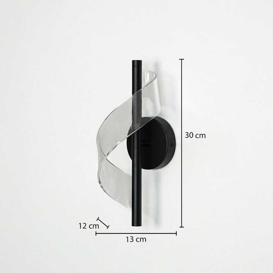 Black metal mesh wall light with 30 cm height 13 cm width and 12 cm depth for modern decor spaces.