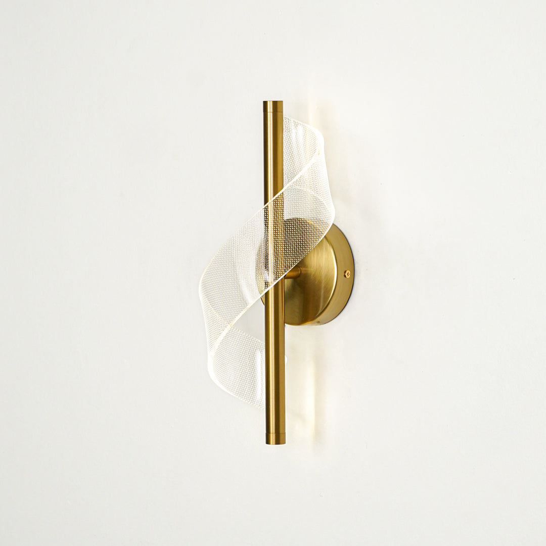 Modern gold metal wall light with artistic mesh accent for elegant hallway and luxury decor styling spaces.