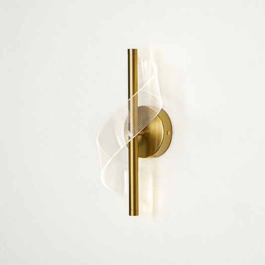 Modern gold metal wall light with artistic mesh accent for elegant hallway and luxury decor styling spaces.