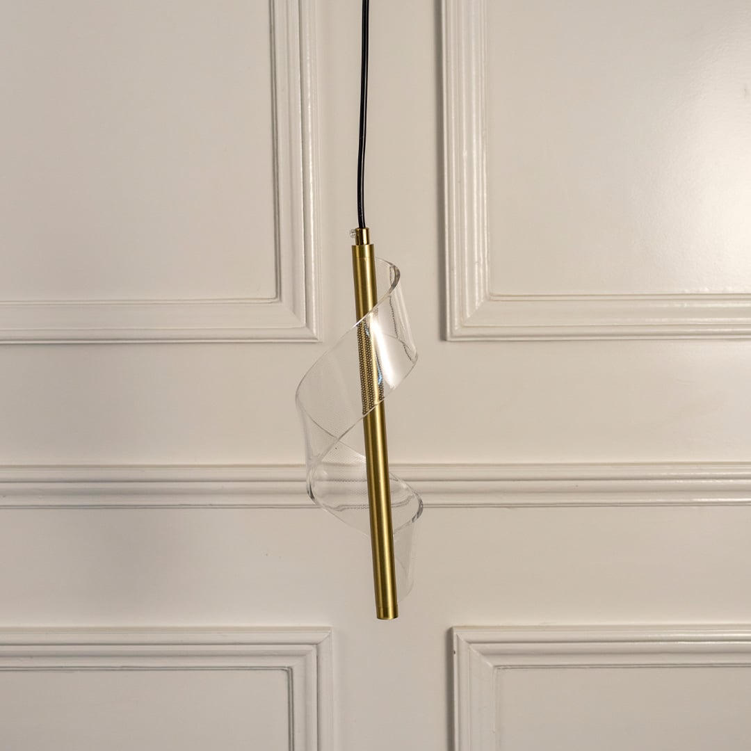 Elegant golden swirl pendant light shown on white background perfect for sophisticated and modern interior spaces.