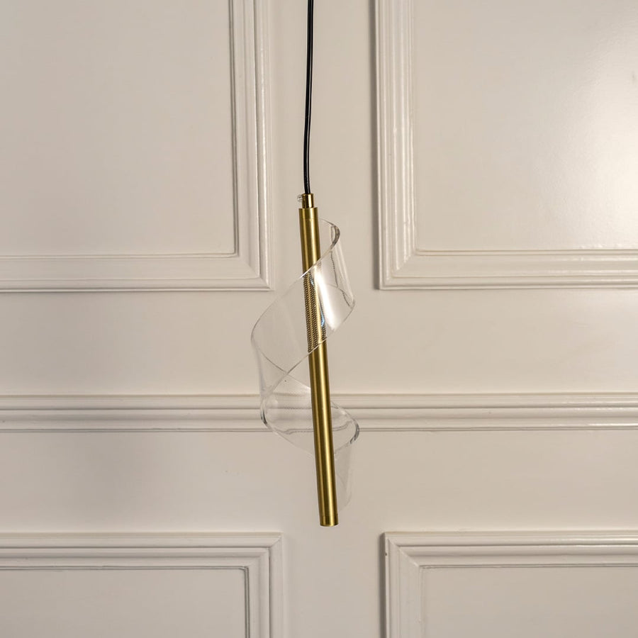 Elegant golden swirl pendant light shown on white background perfect for sophisticated and modern interior spaces.