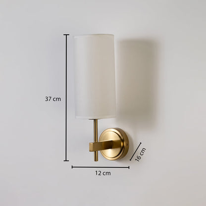 Gold metal wall light with tall white fabric shade shown with 37 cm height 12 cm width and 16 cm depth for accurate indoor wall placement.