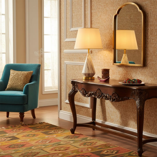 Table lamp dimension image showing 62 cm total height 25 cm top shade width 35 cm lower shade width and 15 cm base diameter on a wooden surface